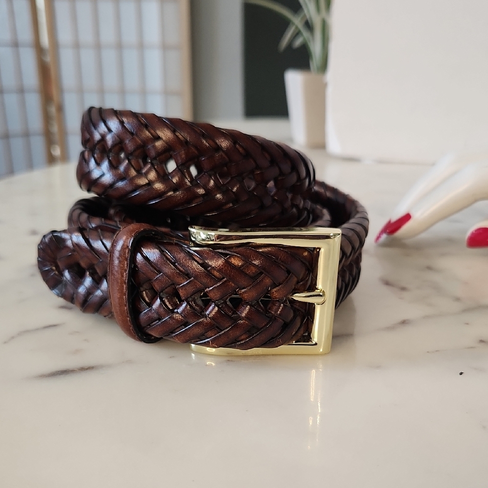 Brown Braided Leather Belt with Brass Buckle Unisex Sz 34"